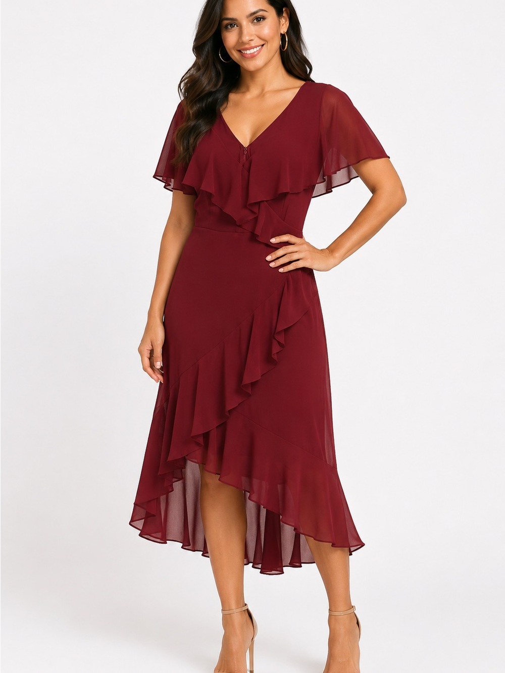 DKNY Burgundy Ruffle V‑Neck Midi Dress